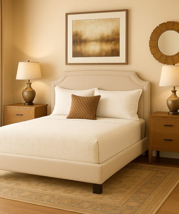 The Sofa Guy Adams Avenue Upholstered Bed in bedroom