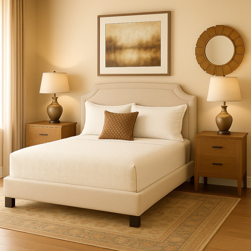 The Sofa Guy Adams Avenue Upholstered Bed in bedroom