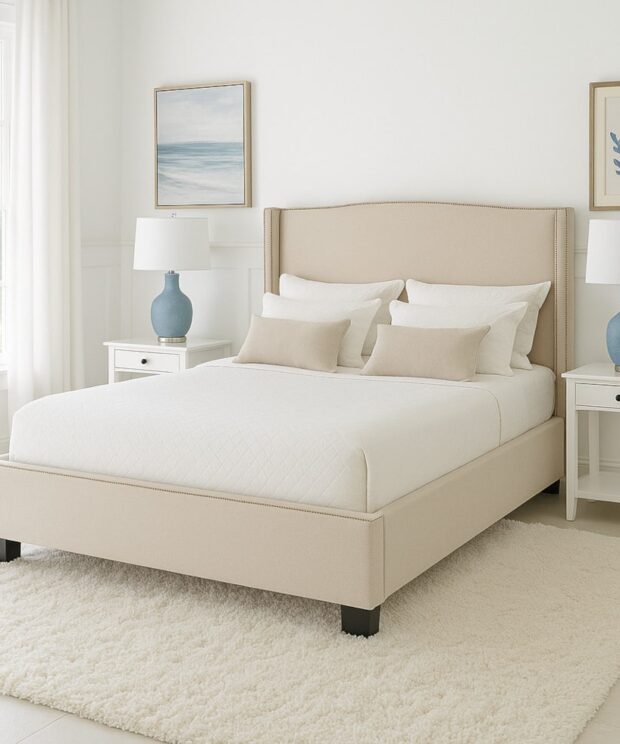 The Sofa Guy Bay Court Upholstered Bed in bedroom