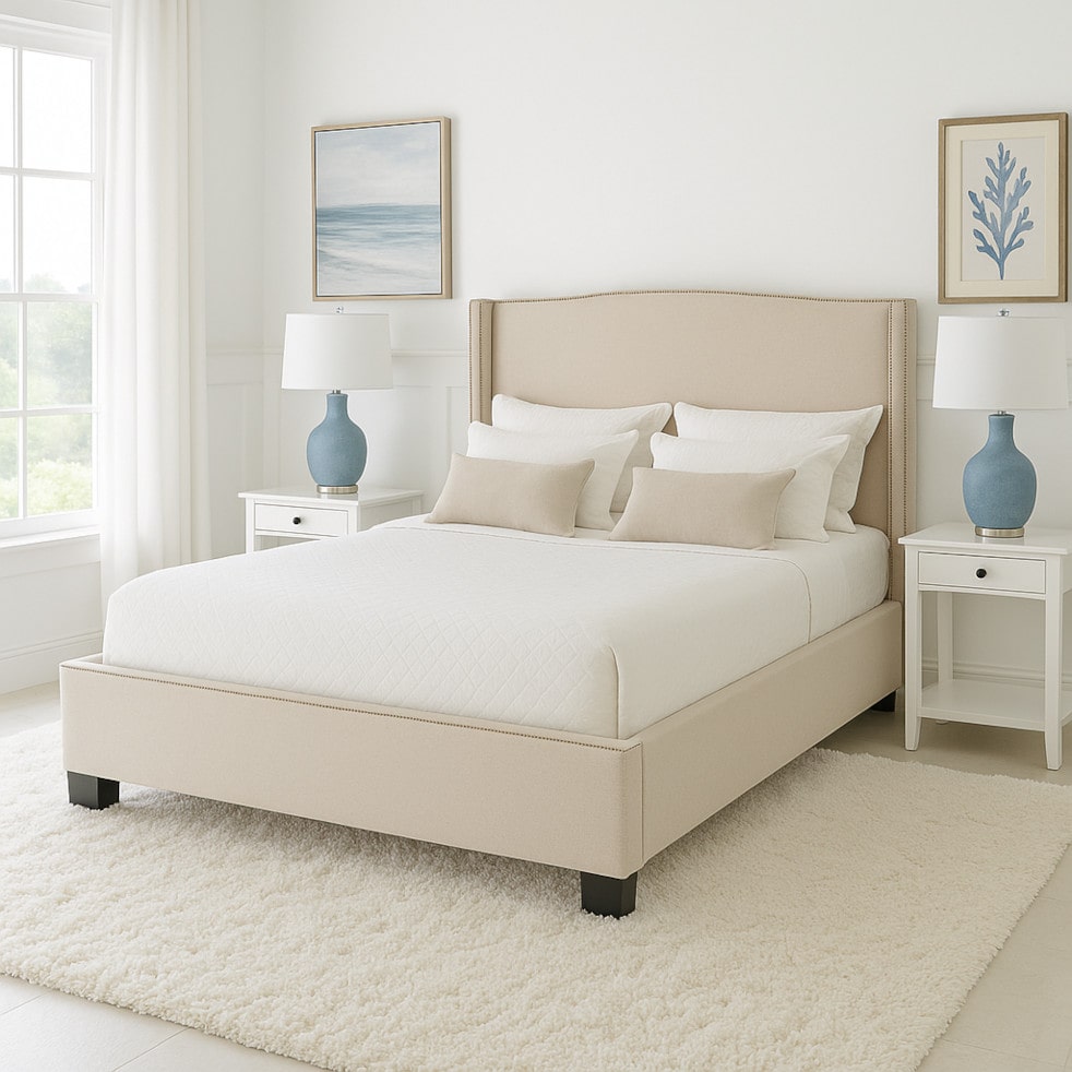 The Sofa Guy Bay Court Upholstered Bed in bedroom