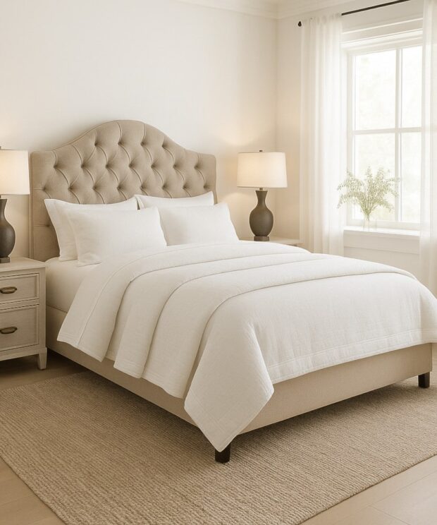 The Sofa Guy Fedora Drive Upholstered Bed in bedroom