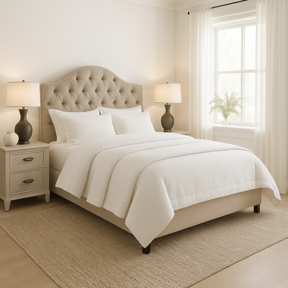The Sofa Guy Fedora Drive Upholstered Bed in bedroom