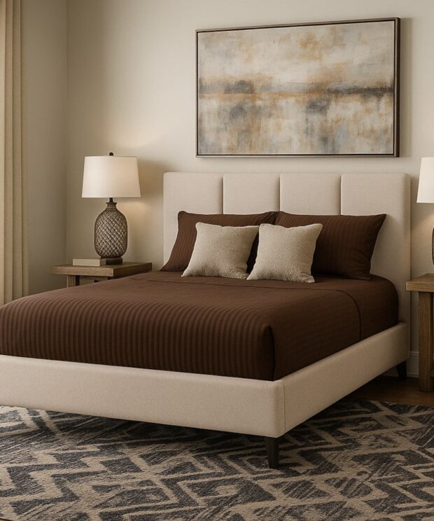 The Sofa Guy Main Street Upholstered Bed in bedroom