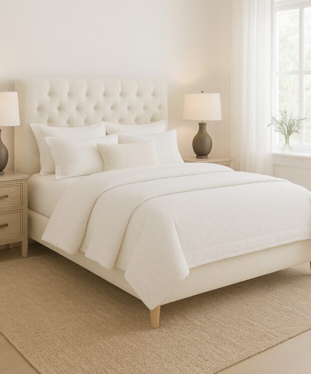 The Sofa Guy Rose Avenue Upholstered Bed in bedroom