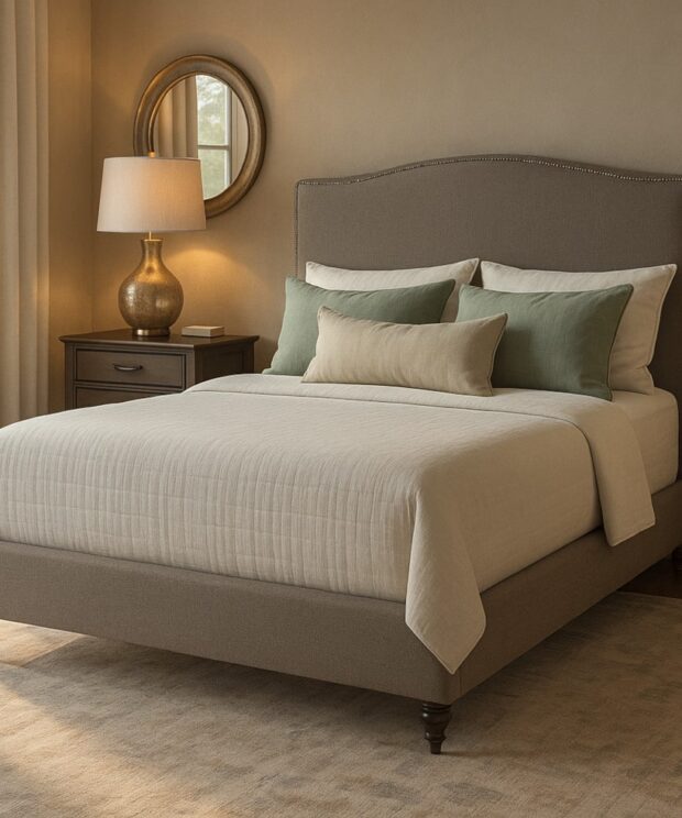 The Sofa Guy Verde Drive Upholstered Bed in bedroom